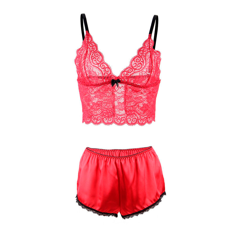 Chemisier de nuit aspect satiné et dentelle + culotte rouge — 953898 — vue 5