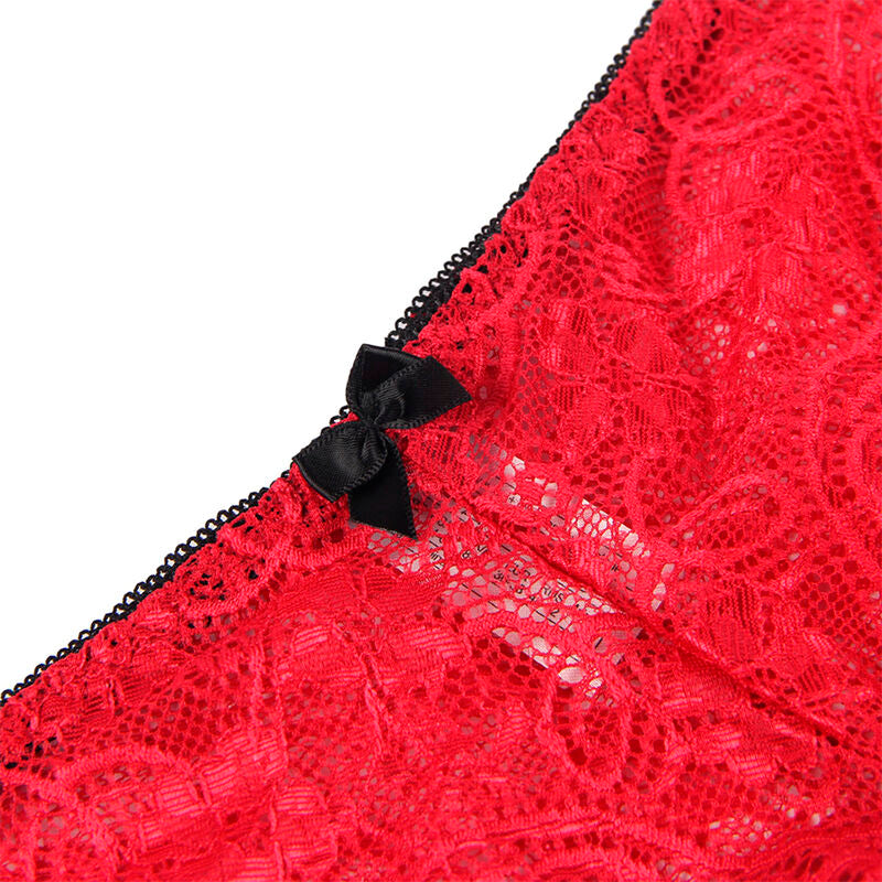 Chemisier de nuit aspect satiné et dentelle + culotte rouge — 953898 — vue 9