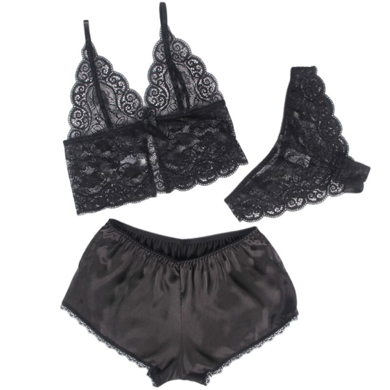 Chemisier de nuit aspect satiné et dentelle + culotte noire — 953928 — vue 3