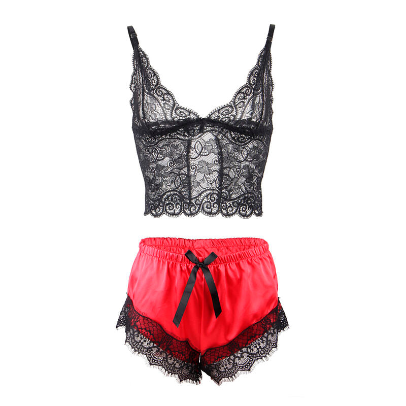Chemise de nuit décontractée aspect satiné + pantalon en dentelle noir/rouge — 953959 — vue 5