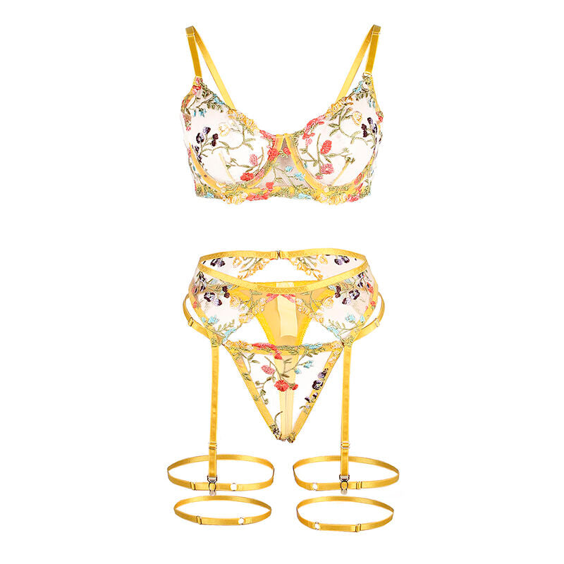 Soutien-gorge + string + porte-jarretelles motif floral jaune — 954352 — vue 6