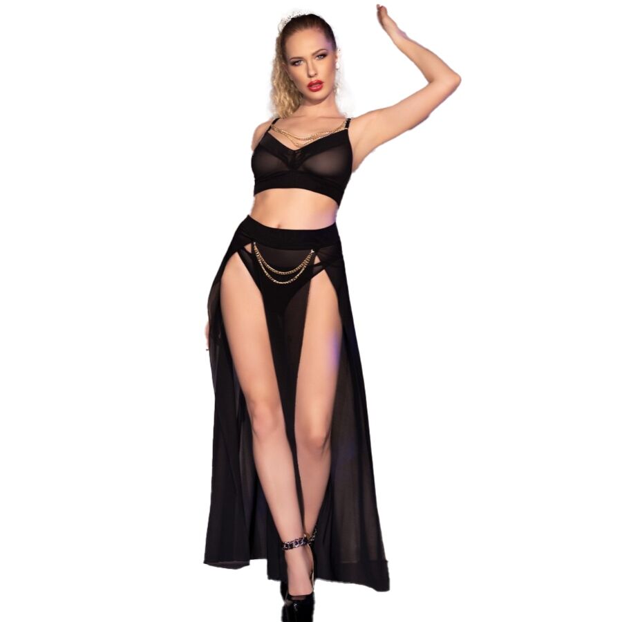 CR4672 jupe top noire et string avec chaînes dorées — vue 1