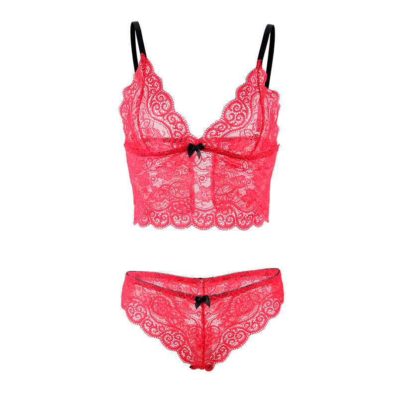 Chemisier de nuit aspect satiné et dentelle + culotte rouge — 953898 — vue 7