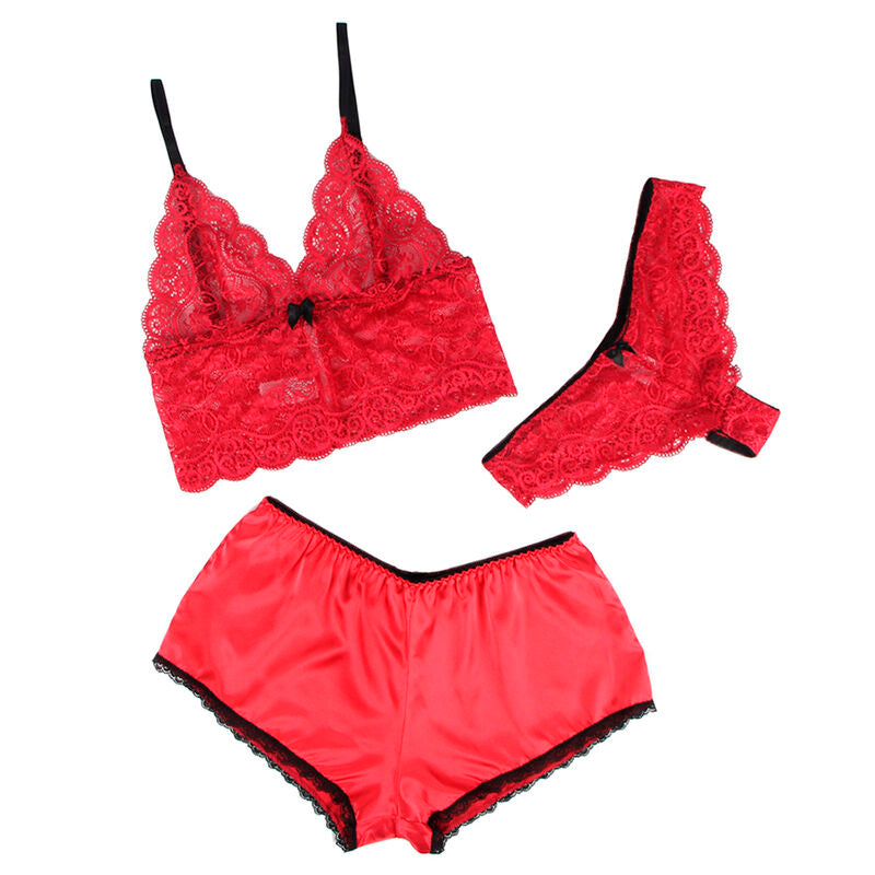 Chemisier de nuit aspect satiné et dentelle + culotte rouge — 953898 — vue 3