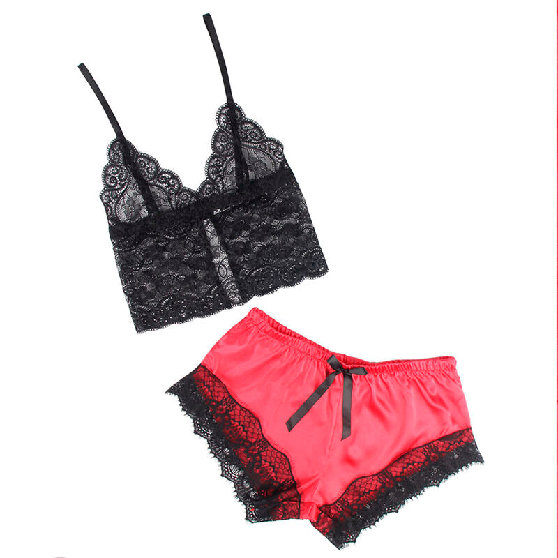 Chemise de nuit décontractée aspect satiné + pantalon en dentelle noir/rouge — 953966 — vue 9