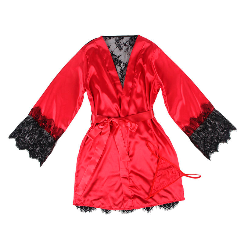Caraco dos transparent en dentelle + string rouge/noir — 954017 — vue 4