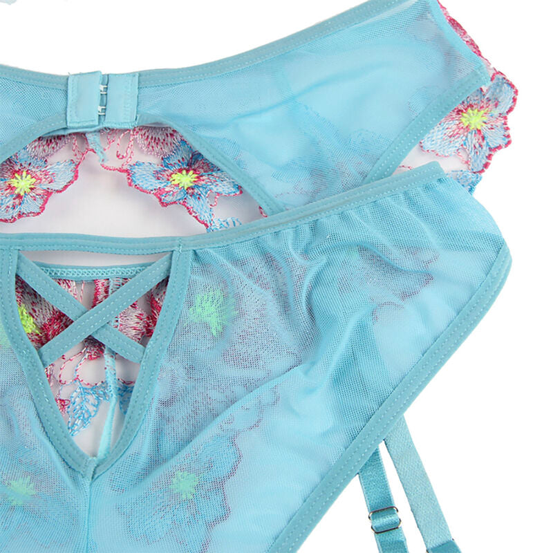 Soutien-gorge + culotte avec porte-jarretelles motif floral bleu — 954116 — vue 7