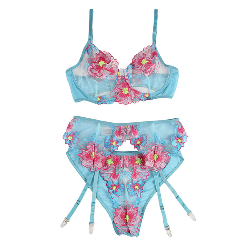 Soutien-gorge + culotte avec porte-jarretelles motif floral bleu — 954116 — vue 5
