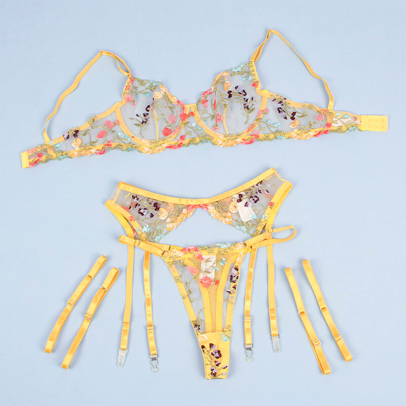 Soutien-gorge + string + porte-jarretelles motif floral jaune — 954352 — vue 7